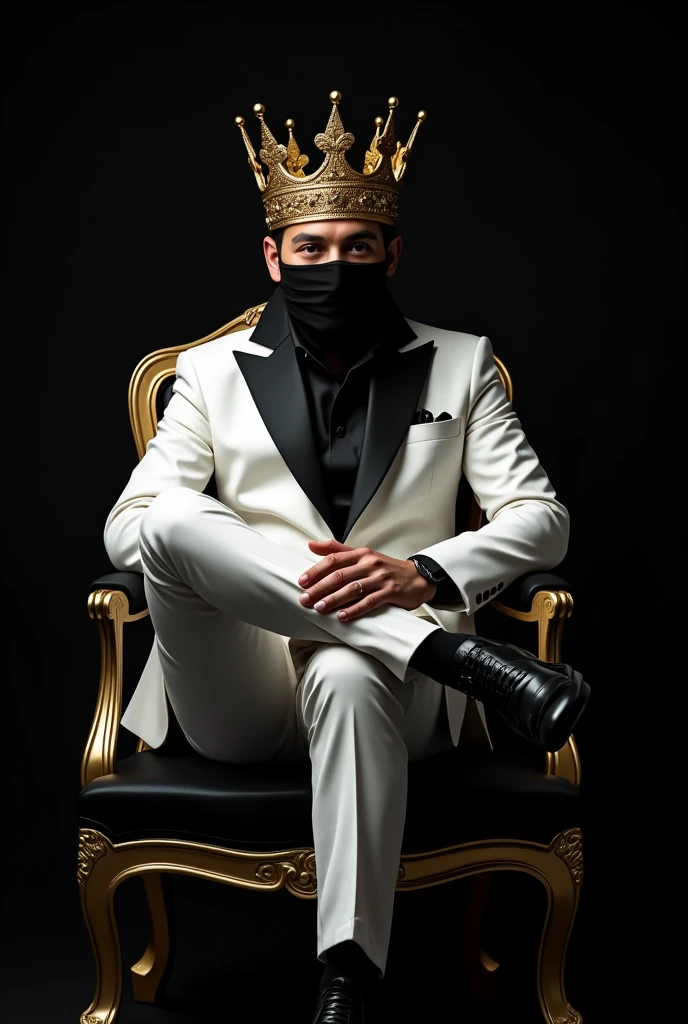 The king has a golden crown, sitting cross-legged on the left leg on a chair with a black-wrapped face dressed in a modern white tuxedo, with black shoes. black background.