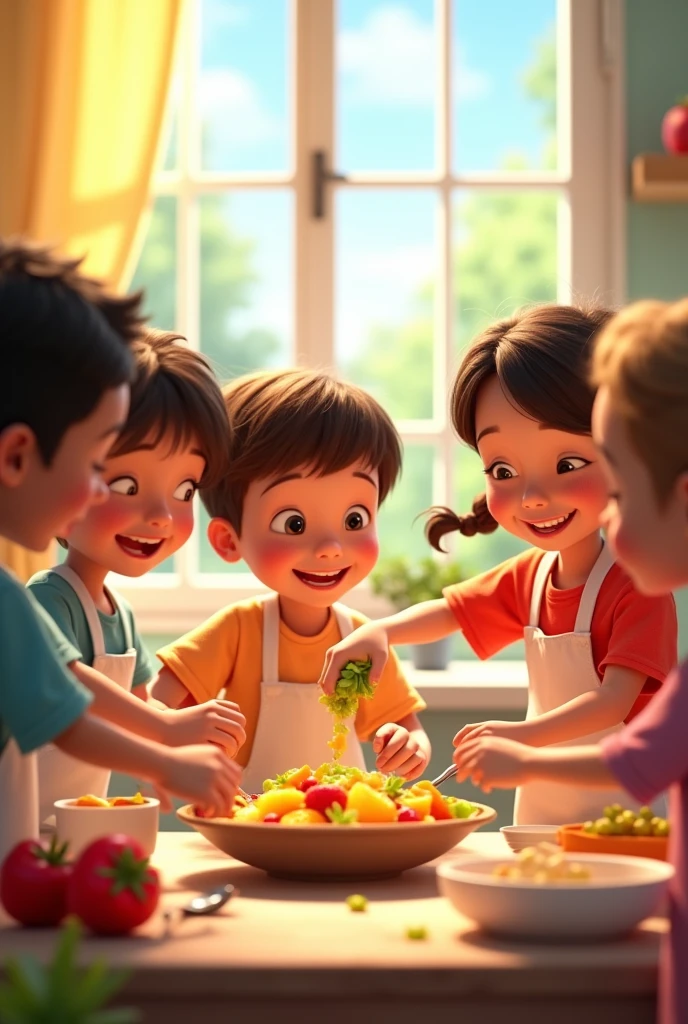 You can make an animated image of children mixing their fruit salad.