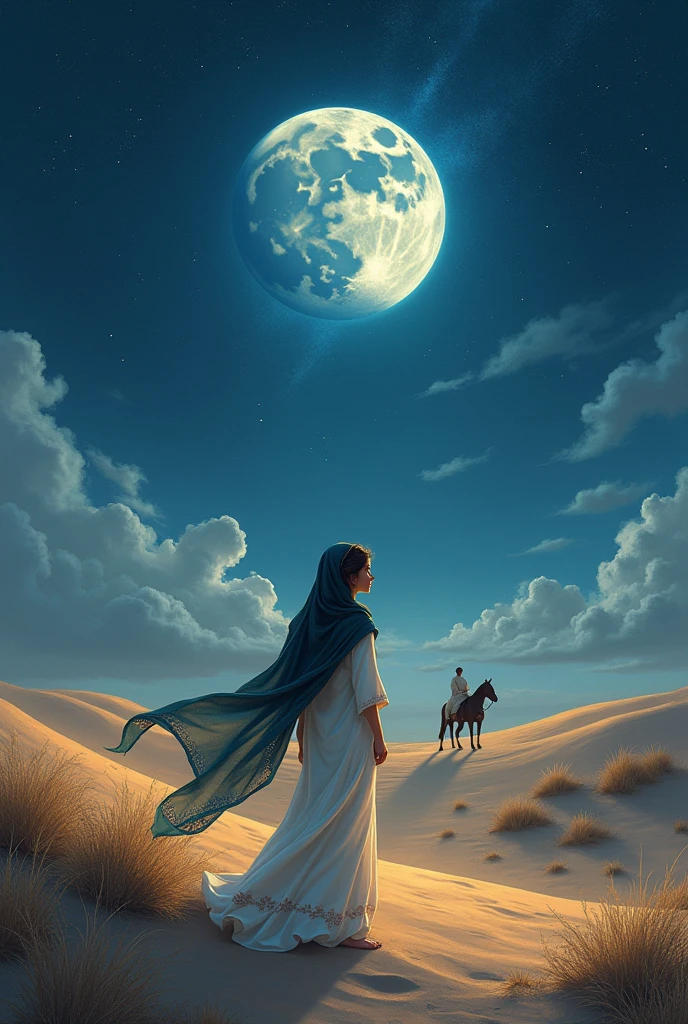 Illutrection a arebian girl with horse’ desart in nigth and take a masal’ moon’  