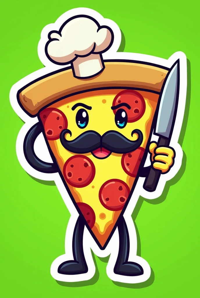 Pizza sticker with mustache and chef hat with feet and hands with knife Green background What does it say "feeling "
Cool Happy Not tender Not anime
