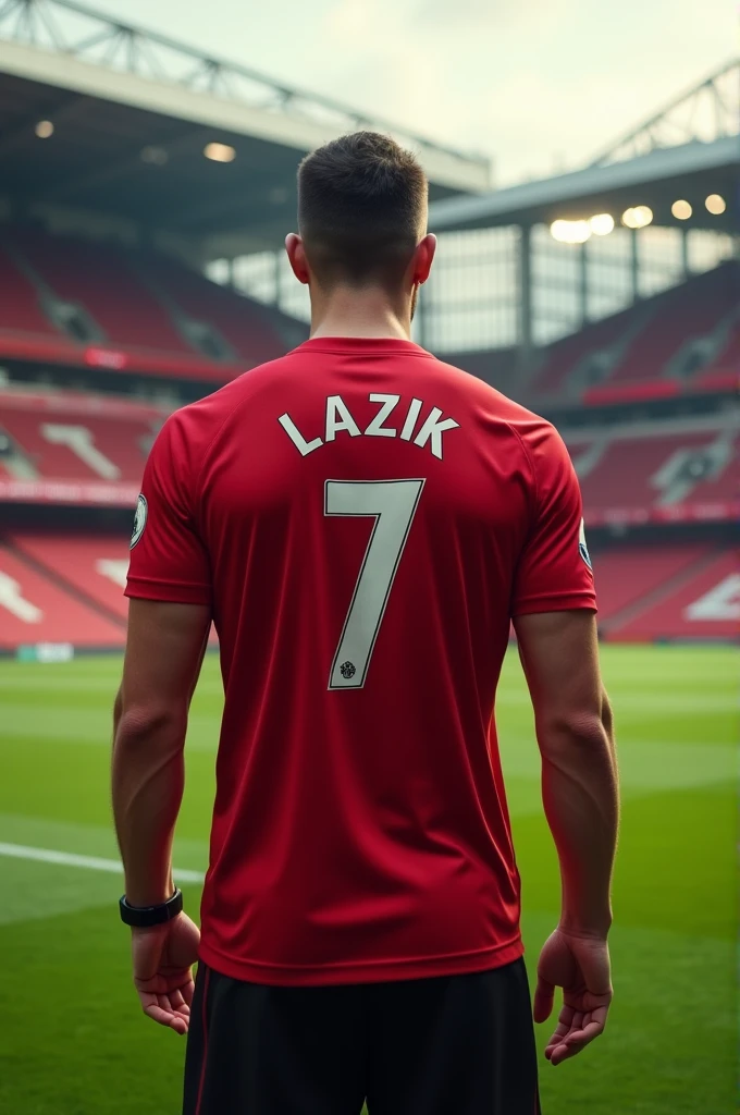 Generate me an image of handsome man standing on old Trafford from behind wearing Manchester United shirt with number 7 and Lazik written on the shirt can be clearly seen