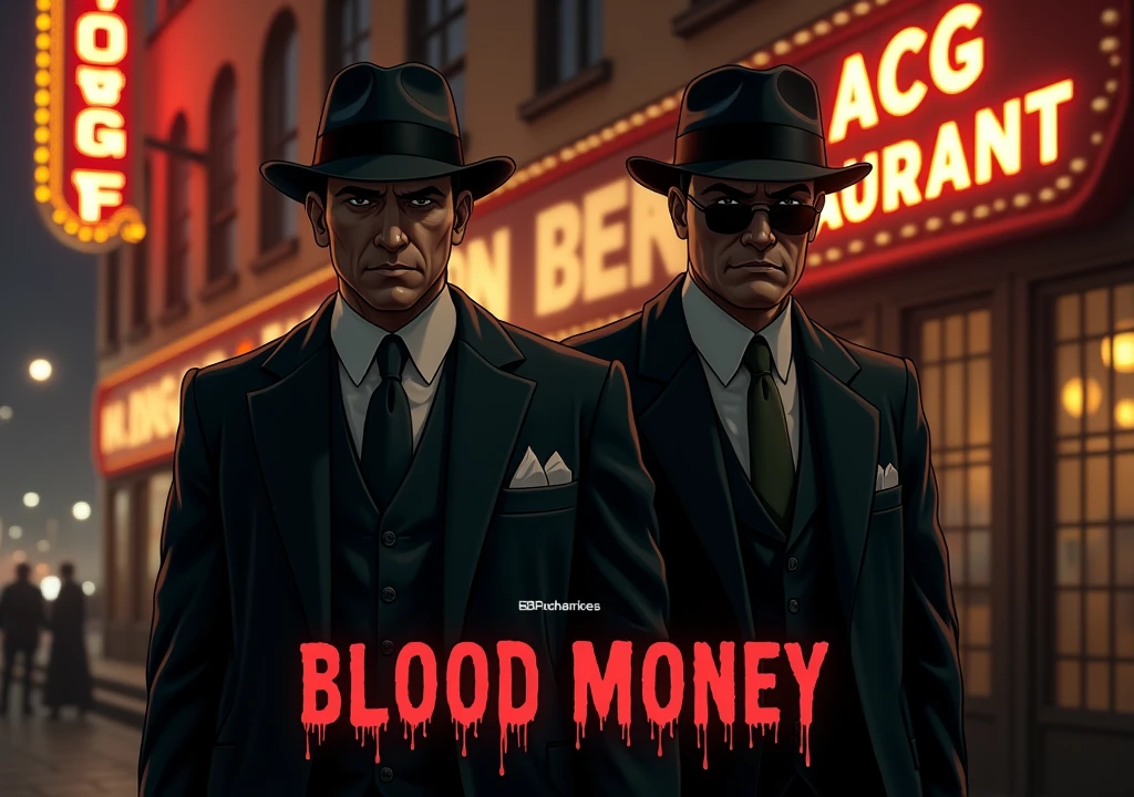 Two 1920s gangsters standing outside an italian restaurant. Restaurant sign says "ACG PRESENTS"  add the words " BLOOD MONEY" In bleeding red letters at the center bottom