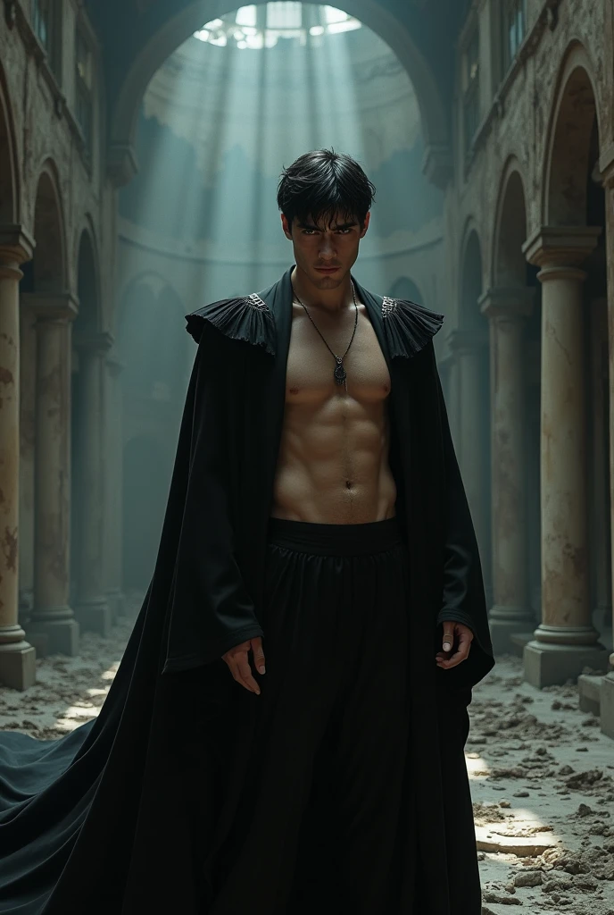 prince. He has a lost look, a sorrow hovers in his soul. She wears a black silk robe that falls over her chest. inside a desolate palace. His hair is black and his eyes look with rage and desire. Aligned eyebrows, straight jaw. toned body, wide back. Short and black hair.