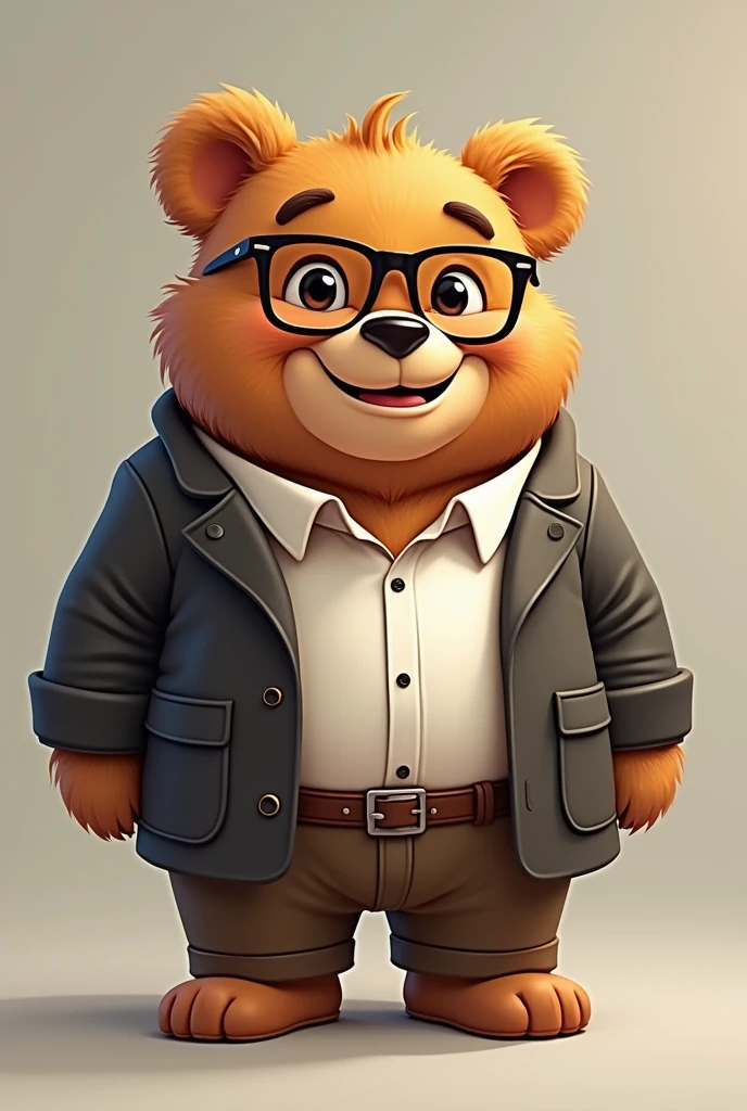 2D cartoon illustration of a tall and large, chubby teddy bear dressed as a teacher, Nerd, middle - age, with a wise face and a beautiful smile, In 4k. The illustration must have an adult, sophisticated style, with expressive eyes and arms positioned at the sides of the body.