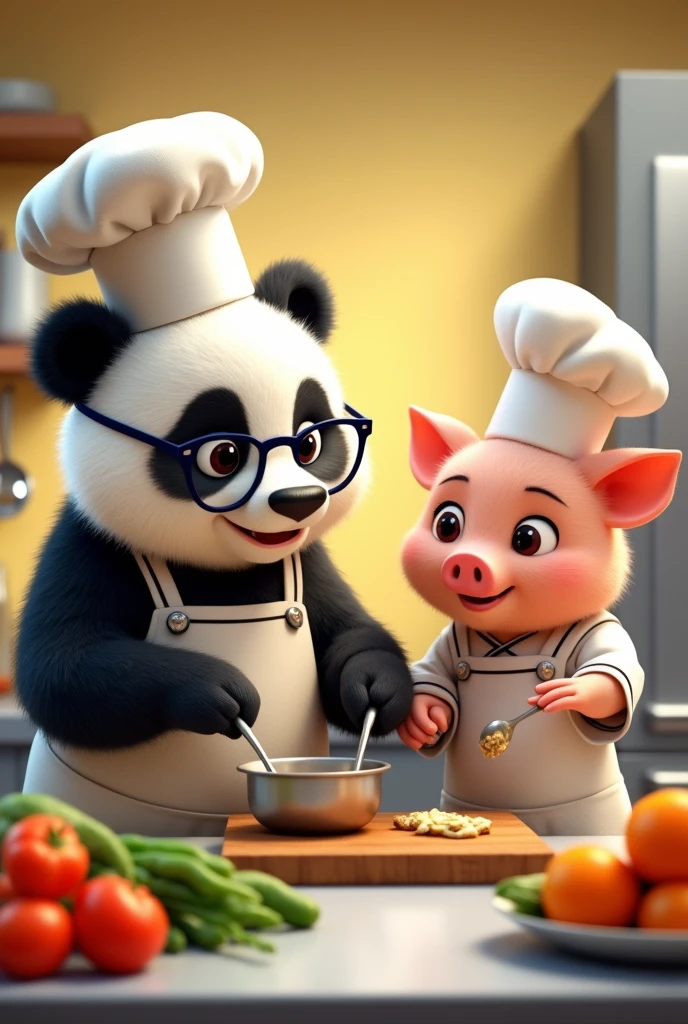 Animated Panda and Cochinita dressed as a chef