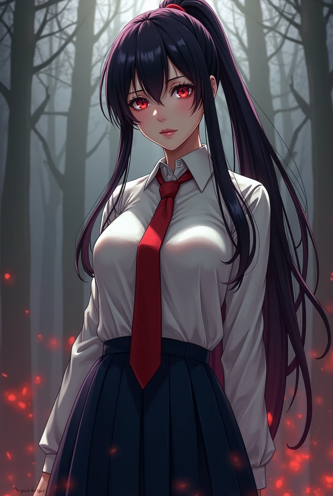 The President is a beautiful, shapely, and very tall young woman with long, straight, dark purplish-black hair that reaches the end of her back (and that she occasionally keeps tied up in a ponytail[7] or a chignon[8]) and a jagged fringe. She has a royal pallor alike, delicate-looking, fair skin - depicted as so clear that seems to glow in the dark[9] - and sharp, cold-looking crimson eyes.[10][11] In terms of height she towers over every other female character of the series, as well as most males, and has a Junoesque, imposing, and athletic[12] physique which has been described as "unreal",[13] with a firm butt, massive boobs, a thin waist, long legs, and slender arms. Having practiced kendo since early , she's also very muscular and toned.[14] Her breasts are her most distinctive feature, and they are often exaggerated for comedic effect.[15][16] The President is rarely seen smiling[17][18] or smirking[19] and sports an intimidating frown or scowl most of the time.

When she was a high schooler, she typically wore her school uniform consisting of a white button-up shirt (whose sleeves and collar she always kept fully buttoned), a red knot tie, and a long navy blue skirt completed with tights and a pair of sneakers. However, in winter she was shown to wear a light brown sweater and occasionally a blue blazer.[20]

When not at school, and after starting to attend university, she was primarily shown wearing traditional Japanese clothing[21] or extremely skimpy Chinese-style ones[22][23] as well as a leather catsuit;[24] however she always prefers being completely naked[25][26][27] and seemingly doesn't wear any underwear.