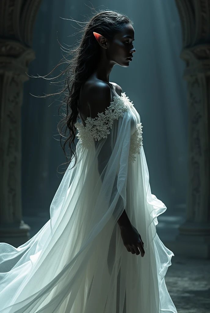 create a dark elf, wearing sexy, flowing white clothes. the elf is black