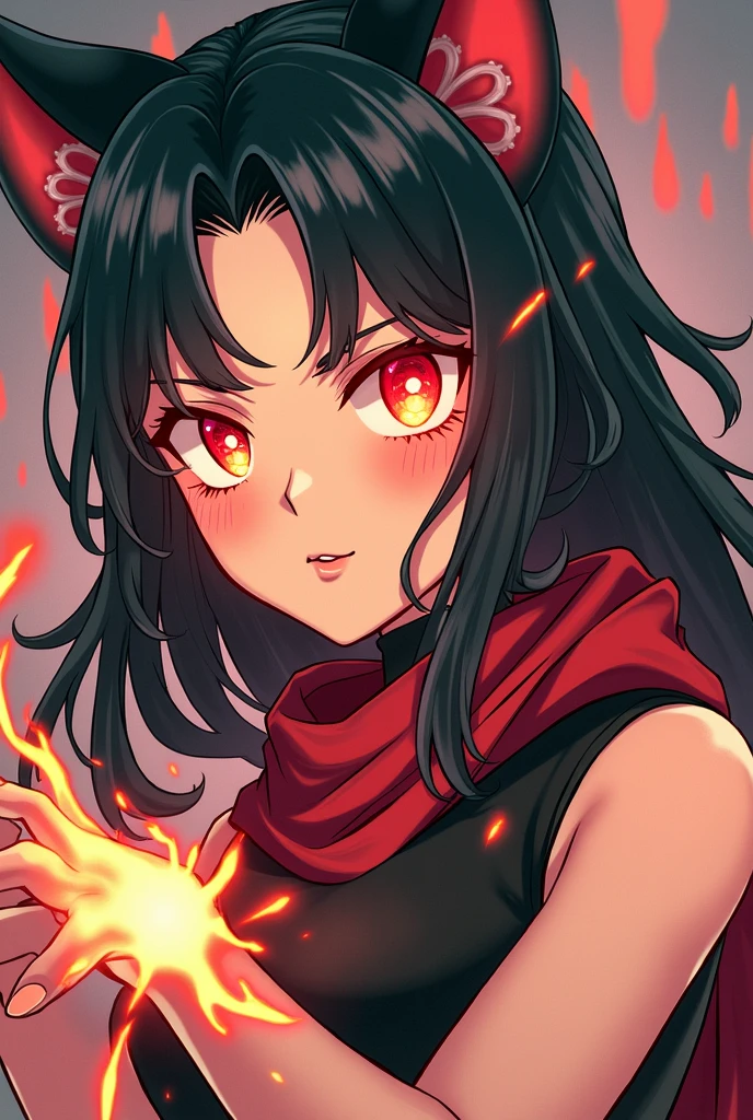 1 girl, black fur, Red eyes, Fire Witch, blood, light particles, Light rays, Wallpaper, high contrast, showy,