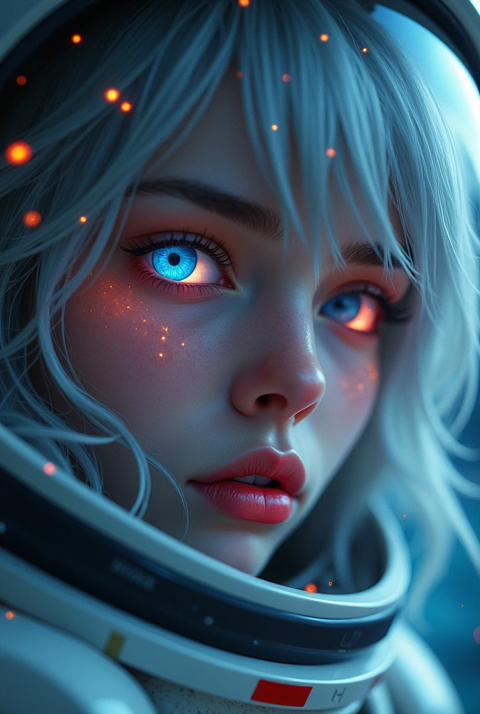 (Close-up of a better masterpiece:1.5)0.9], (Space and astronauts:1.2) (Messy silver hair:1.1) (Heterochromia xanthochromia and blue eyes:1.2) (Space Helmet:1.0) (Colored stars in the eyes:1.0) (A radiant glow:1.1) (thick lips:0.9) ᵖᵘᵗ ᵃ ⁿᵃᵐᵉ ᶦⁿ ᵗʰᵉ ᵗ-ˢʰᶦʳᵗ “ᵃˡᵒⁿᵉ”