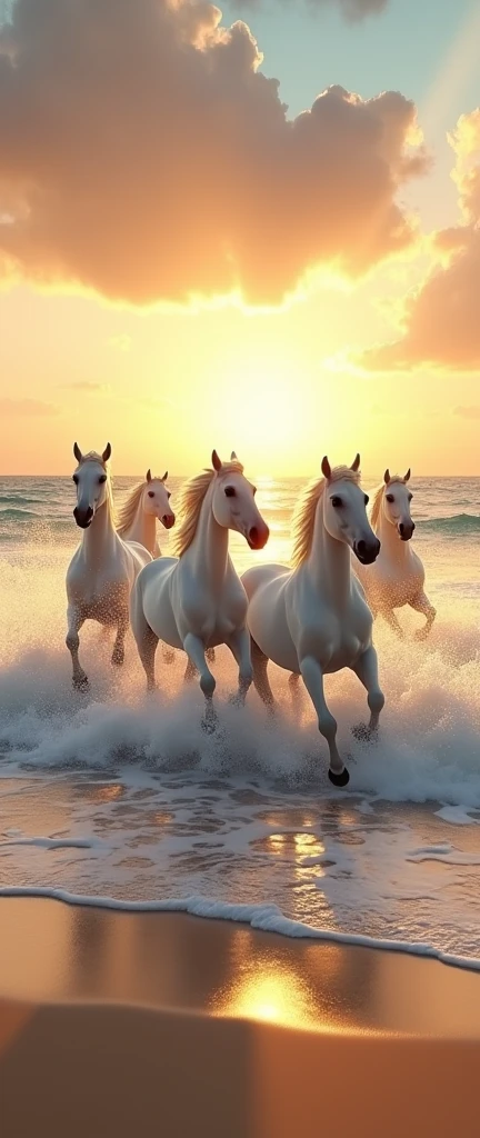 golden hour scene, 5 beautiful white stallions running through the waves on a beach, fine details, masterpiece, the word "Mantu Das" written in the clouds,