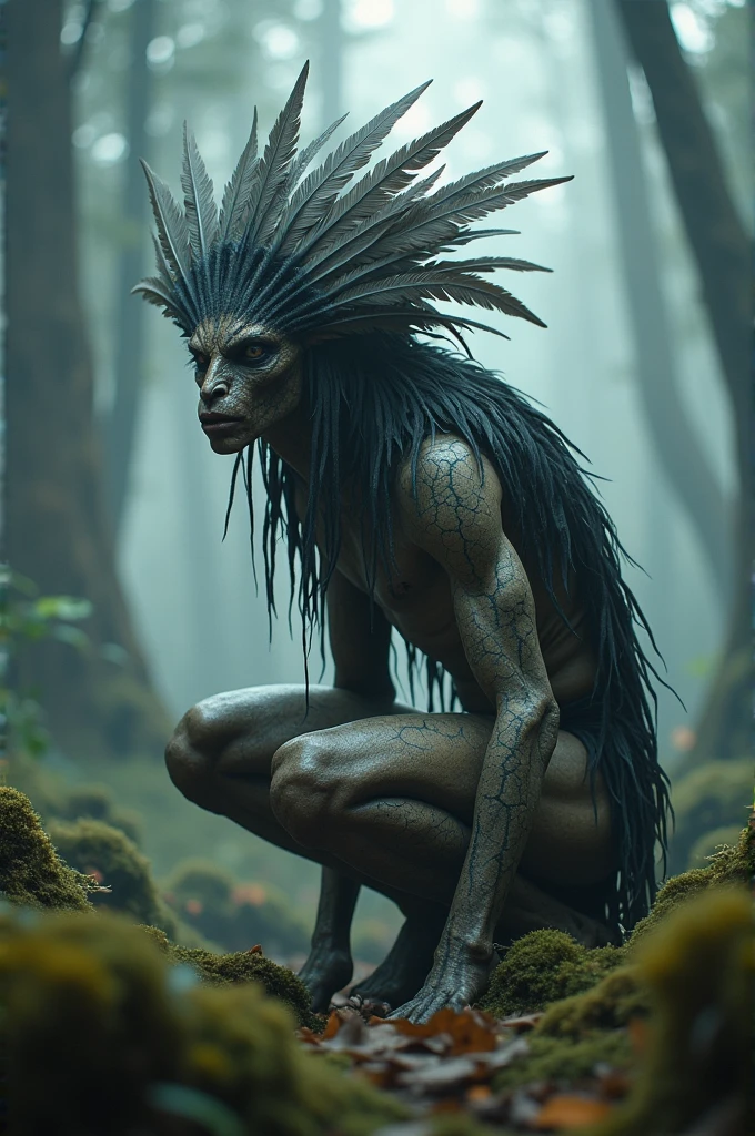 Generate a highly detailed and atmospheric scene of a mystical forest creature crouching in a misty woodland setting. The creature has an otherworldly appearance, with intricate body paint resembling cracked earth, and wears elaborate feathered adornments, including a headdress made of dark and light feathers. The creature's face is partially masked, with sharp, angular features and intense, almost haunting eyes. The environment around is dense with fog, with tall trees and a moody, ethereal ambiance, emphasizing the creature's connection to the mystical forest.
