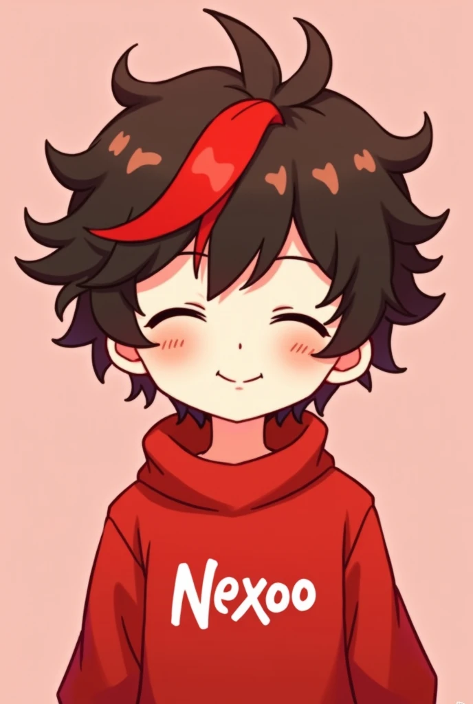 Create pictures of a boy who has curly hair and a red stripe in the front and the design should be like an anime message, the background should be light red, he also has a red sweater on that says Nexoo and a red stripe in the front of his curls and he should have his eyes so cute and should wave brown curls and red stripes in the front, eyes closed and smile