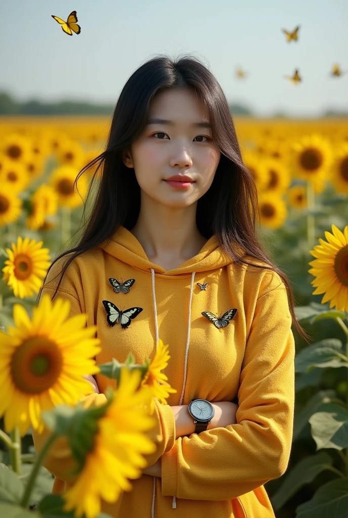 Beautiful Korean girl, smooth white skin, well-groomed face, long straight black hair, posing in the middle of a field of very fertile and beautiful sunflowers in bloom, lots of butterflies flying around, shiny gold yellow knit hoodie, decorated with butterfly motifs, cool watch , original photo