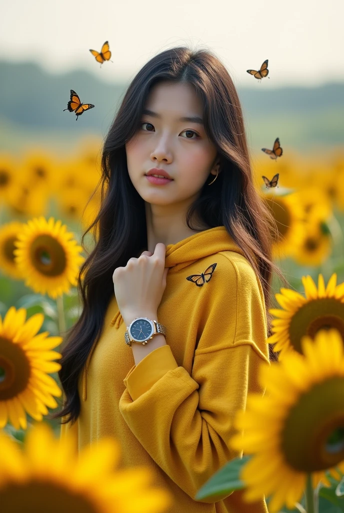 Beautiful Korean girl, smooth white skin, well-groomed face, long straight black hair, posing in the middle of a field of very fertile and beautiful sunflowers in bloom, lots of butterflies flying around, shiny gold yellow knit hoodie, decorated with butterfly motifs, cool watch , original photo