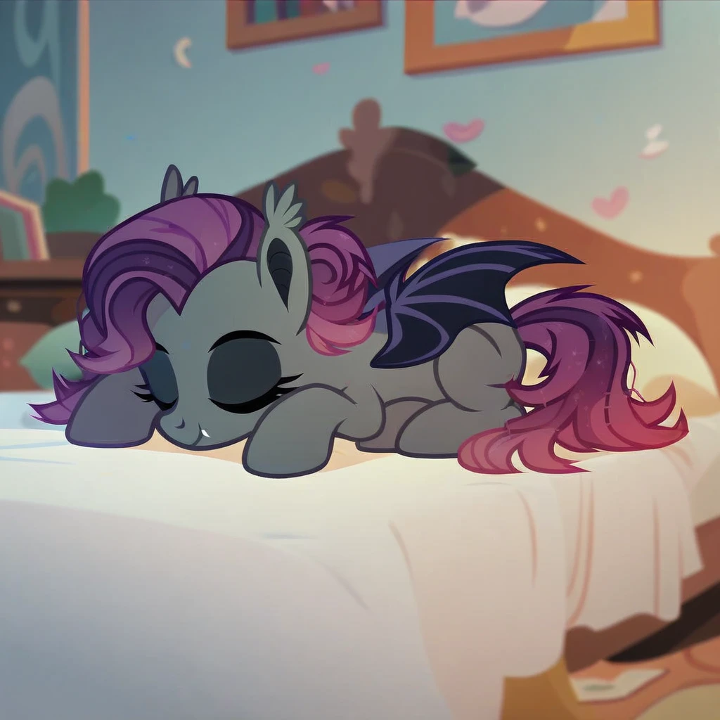score_9, score_8_up, score_7_up, score_6_up, score_5_up, score_4_up, show accurate, full body, in a room, funny pose in bed, sleeping with a funny face, feral pony, female pony, beautiful appearance, original character, bat