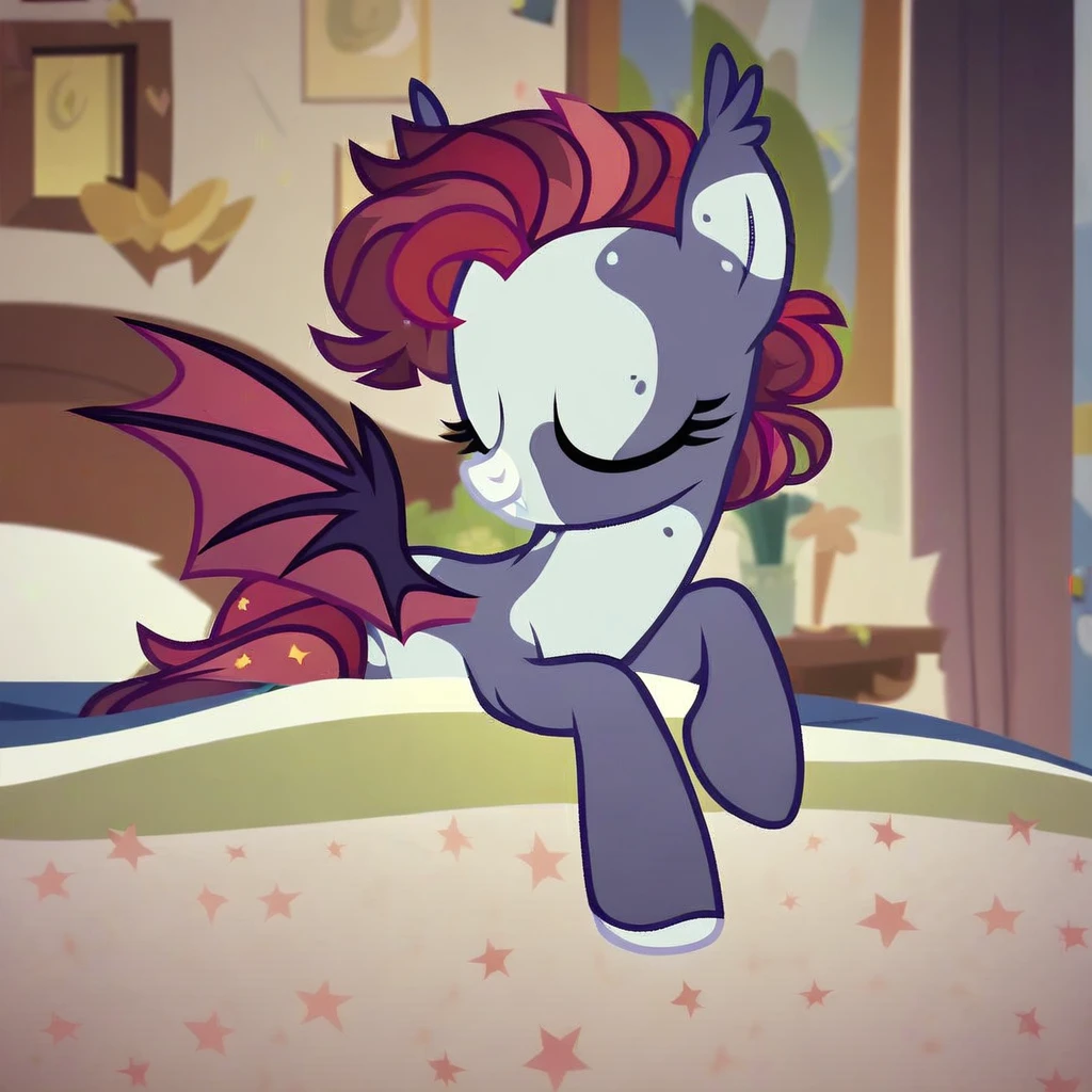 score_9, score_8_up, score_7_up, score_6_up, score_5_up, score_4_up, show accurate, full body, in a room, funny pose in bed, sleeping with a funny face, feral pony, female pony, beautiful appearance, original character, bat