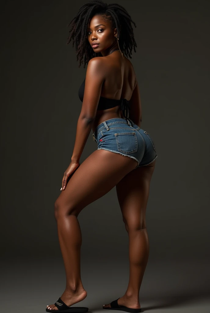 A black woman with perfect body and perfect long legs wearing a jeans short shorts and a top less and a black havaianas slippers, with a short dreadlock haircut, on a sexy and hot pose, perfect legs, sexy, hot, perfect ass long legs body and tits open legs