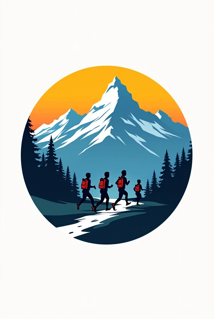 A minimalist mountain nail logo, a group of 4 people running in those mountains, that it looks more colorful and a bigger forest, Now that the logo is round 
