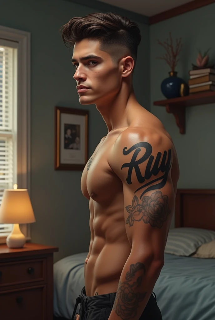 Young male character design light skin muscular tatto with name “ruy” AI realistic background bedroom