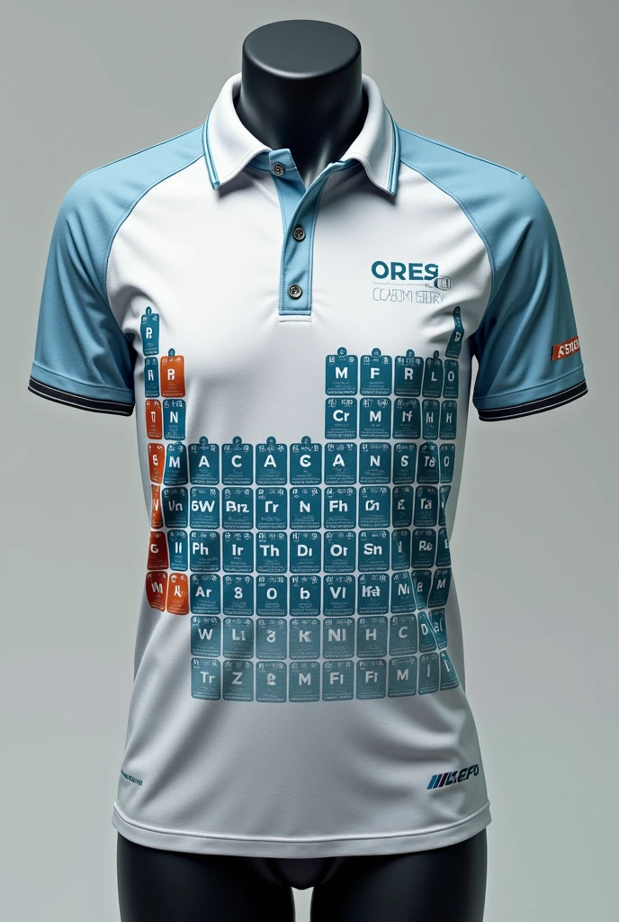 Make me a polo shirt for a sports event that is for both men and women inspired by the periodic table since it will be used by chemistry teachers.