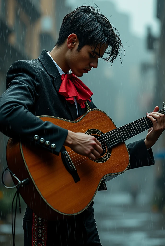 A mariachi dressed in black and red playing the guitar and very sad in the rain a little younger and getting wet with the rain and a classic hairstyle With a worn and old guitar