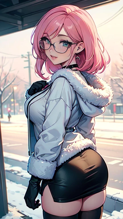 Masterpiece, beautiful art, professional artist, 8k, art style by sciamano240, very detailed face, very detailed hair, very detailed clothes, 1girl, perfectly drawn body, beautiful face, long hair, pink hair , very detailed green vertical eyes, square glasses, pouty lips , rosey cheeks, intricate details in eyes, extreme close up of face, see only head and neck, staring directly at viewer, wearing cute winter clothes, sweater, winter coat, necklace, choker, earrings, gloves, pencil skirt, black tigh boots, wedding ring, big wide grin, in love with the viewer expression, sunny winter setting, walking outside, rear view,
