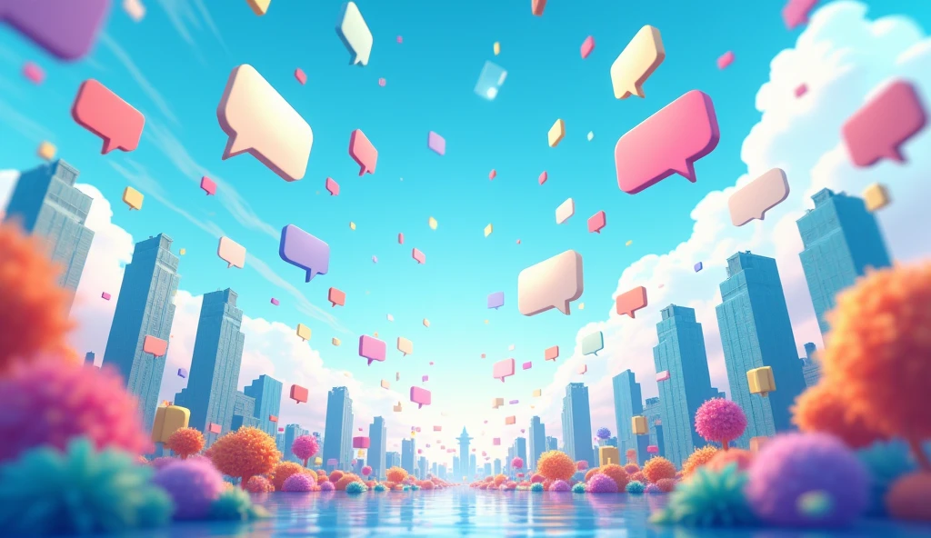 Photorealistic、high resolution、No people、There are no humans、Comments are flying around on social media、blue sky、Speech bubble icons flying around