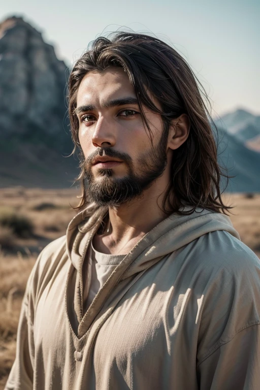 gere 4 imagem com esse prompt "Crie uma imagem realista, as if it were a photograph, of a man with the appearance traditionally associated with Jesus Christ. He must be around 30 years old, com cabelos longos e ondulados, dark brown in color, full and well-groomed beard. Your eyes should be a brown shade, expressing compassion and serenity. Your skin should have a Middle Eastern skin tone, reflecting the geographic and cultural roots of the region. He should be dressed in a simple, light-colored tunic., with a cloak covering his shoulders. The background should be soft and natural., like a landscape with hills and clear sky at dusk, but with the main focus on the man's face." the image size i want with a dimension of 1080 px 1080 px
