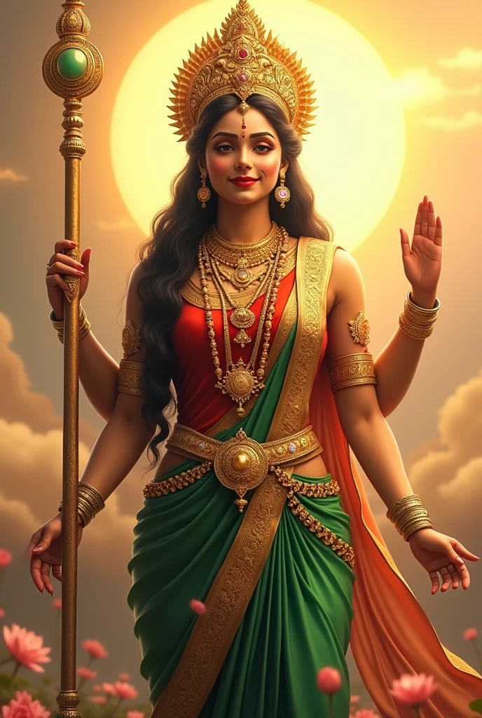 "Create an ultra-realistic image of the Supreme Goddess Lalitha, showcasing her divine grace and beauty. She should be depicted with radiant, golden skin that glows with an ethereal light. Her face should be exquisitely detailed, with large, compassionate eyes full of wisdom and serenity, a finely sculpted nose, and full lips curved into a regal, serene smile. Her long, dark hair should be styled elegantly, adorned with a richly decorated crown set with precious gemstones.

Goddess Lalitha should be dressed in an opulent green saree paired with a vibrant red blouse. The saree should be richly embroidered with intricate patterns and divine symbols in gold, reflecting her supreme status. The blouse should complement the saree, adding to the regal appearance. Her attire should be completed with luxurious jewelry, including elaborate necklaces, bangles, and earrings that shimmer with divine light.

In one hand, she should hold an extremely long sugarcane stalk, symbolizing sweetness, fertility, and prosperity. Her other hand could be in a blessing gesture or holding a sacred object. The background should feature a celestial scene with soft, golden light, and elements such as lotus petals or clouds, enhancing the divine and majestic atmosphere. The overall image should capture Goddess Lalitha’s supreme beauty, grace, and divine authority in a highly realistic and detailed manner."