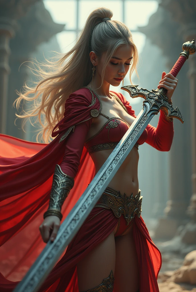 A girl wielding Giant Sword, A sword bigger than her body, ((masterpiece, Highest quality, Best image quality, High resolution, Realistic, RAW Photos, 8k)), ((Highly detailed CG synthesis 8k wallpaper)), (Huge and stunning goddess shot, Very hot and sexy, Incredible beauty, Perfect Proportions, Beautiful body, Slim body beauty:1.4), A girl wielding Giant Sword, Movie Posters, (Giant Sword:1.5),