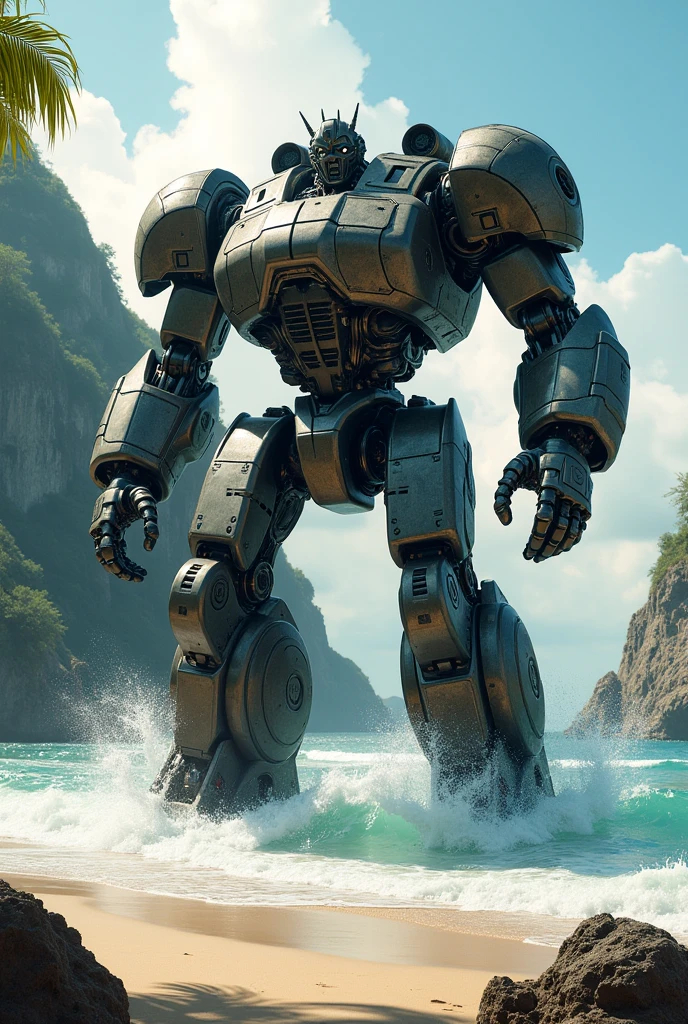 A Giant muscle Truck transformer in Robot at beach site 