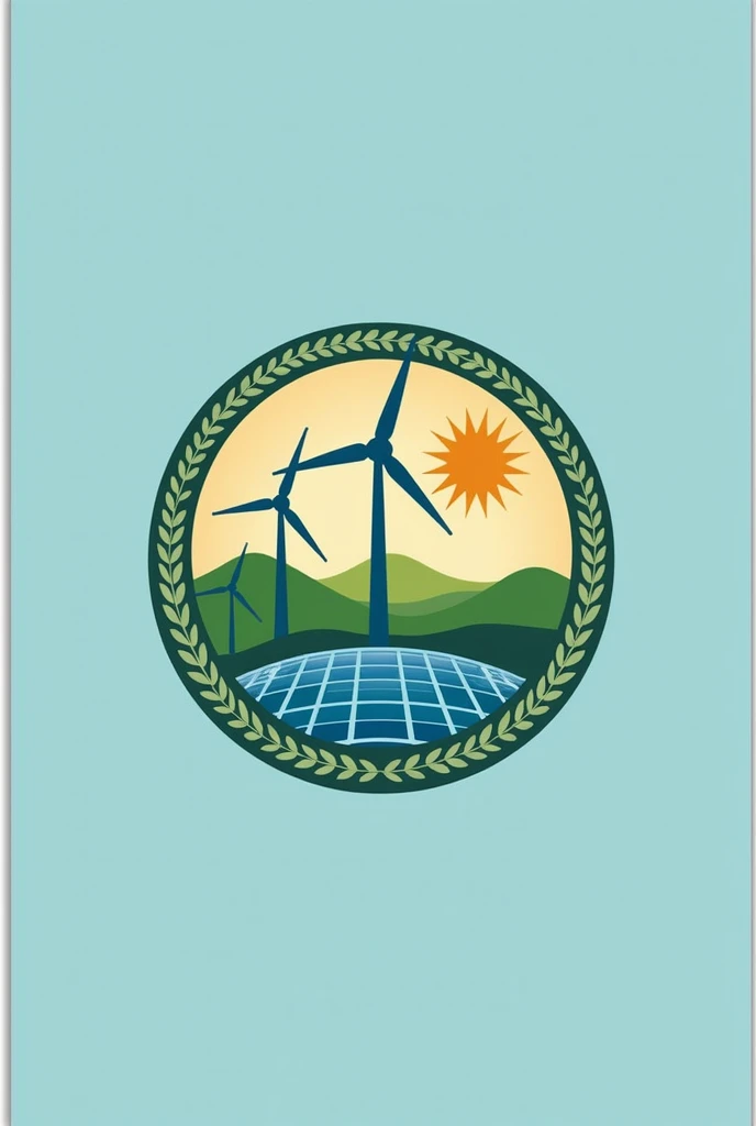 Flag Design Description:
Overall Shape: The flag is rectangular with a 3:2 ratio, creating a balanced and professional appearance suited for various settings.

Primary Colors:

Top Half: Forest Green (#228B22), symbolizing sustainability, nature, and the focus on renewable energy.
Bottom Half: Sky Blue (#87CEEB), representing clean energy, clarity, and the sky, indicative of wind and solar power.
Borders: The flag features a thin border in Earth Brown (#8B4513), reflecting the grounding and natural aspect of the company’s commitment to environmental sustainability.

Central Emblem Placement: The emblem is prominently positioned at the center, making it the focal point of the flag.

Emblem Design:
Core Symbol:

Renewable Energy Icon: The emblem showcases a stylized representation of renewable energy sources:
Wind Turbine: A modern, sleek wind turbine with three blades in a gradient from light green to white. The turbine is placed on the left side of the emblem, symbolizing wind energy.
Solar Panel: A stylized solar panel with a geometric pattern in varying shades of blue and white, placed on the right side of the emblem. The panel represents solar power and clean energy innovation.
Sun: Above the wind turbine and solar panel, a radiant sun in a gradient of yellow and gold is depicted. The sun has subtle rays extending outward, symbolizing solar energy and its far-reaching impact.
Circular Frame:

Design: The wind turbine, solar panel, and sun are enclosed within a circular frame in Earth Brown. The circle is slightly embossed, creating a 3D effect that emphasizes unity and wholeness in the company’s approach to renewable energy.
Pattern: The circular frame features a subtle pattern of interlocking leaf motifs or vines, representing growth, sustainability, and the natural world.
Surrounding Elements:

Base Element: The emblem has a base of rolling hills in dark green and light brown, symbolizing the land and the natural resources the company is committed to protecting