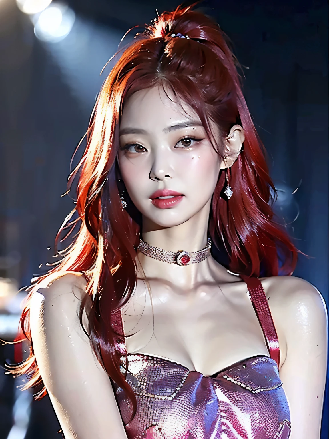 1girl, alone, solitary, high quality, (best quality,4k,8k,highres,masterpiece:1.2),ultra-detailed,(realistic,photorealistic,photo-realistic:1.37),gorgeous hair,bright red hair,long hair with bangs,sharp eyes,mole under the eye,plump lips,jewelry,(high detailed skin:1.4),(rim lighting:1.3),(lit:1.3),(sunny day:1.3),portrait,beautiful lips,waist-length hair,seductive gaze,moles,casual clothes,colorful clothing,close up,super long hair,choker necklace,bangs,fringe,dimples on the cheeks,dimples,red hair,rubyredhair,ruby red hair,black,red lips,red lipstick,round lips,round pouty lips,pouty lips,douyin makeup,sparkly makeup,blue,green,pink,purple,wine red,piercings,gems,lipstick,lip gloss,navel piercing, girl,innocent,red hair,dyed hair,cherry red hair,cherry red,cherry hair,redhead,youthful,modest,covered cleavage,delicate,pretty girl,close up,closeup,20 years old,modest,pretty blouse,neon red hair,bright red hair,redhair,collar neck beayutiful gown,shirt,hairstyle,modest clothing