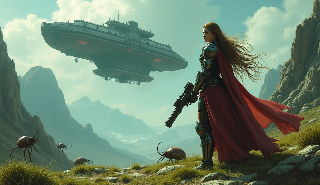 space middle ages, adeptus mechanicus, 1 girl, plasma pistol, planet cronus, Mountainous terrain, unknown planet, green color, in the background there are beetles from underground, long hair, a fortress is flying in the sky