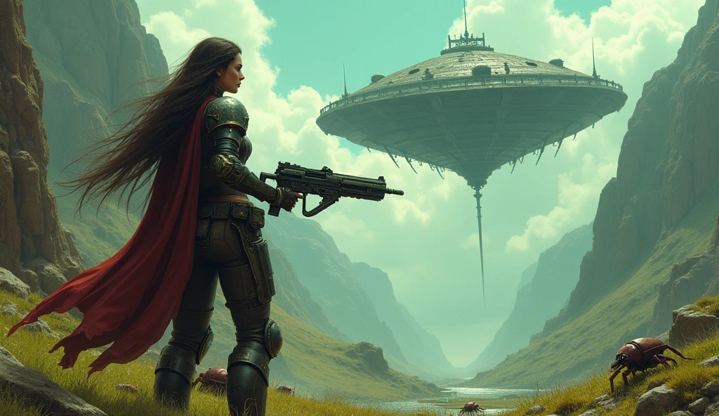 space middle ages, adeptus mechanicus, 1 girl, plasma pistol, planet cronus, Mountainous terrain, unknown planet, green color, in the background there are beetles from underground, long hair, a fortress is flying in the sky