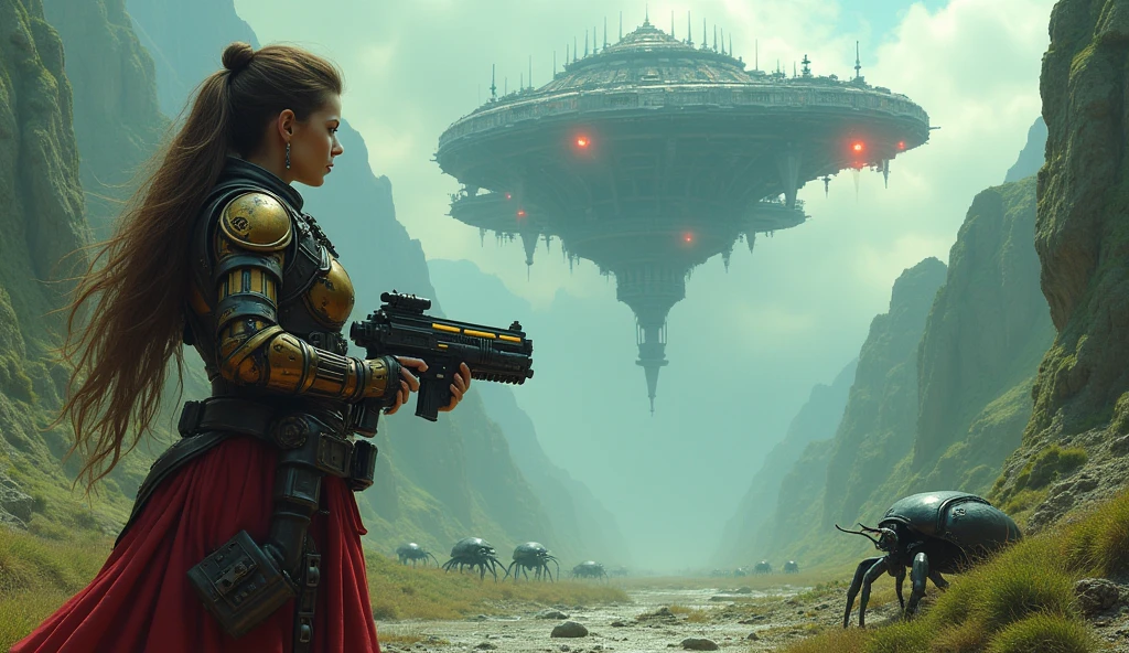 space middle ages, adeptus mechanicus, 1 girl, plasma pistol, planet cronus, Mountainous terrain, unknown planet, green color, in the background there are beetles from underground, long hair, a fortress is flying in the sky