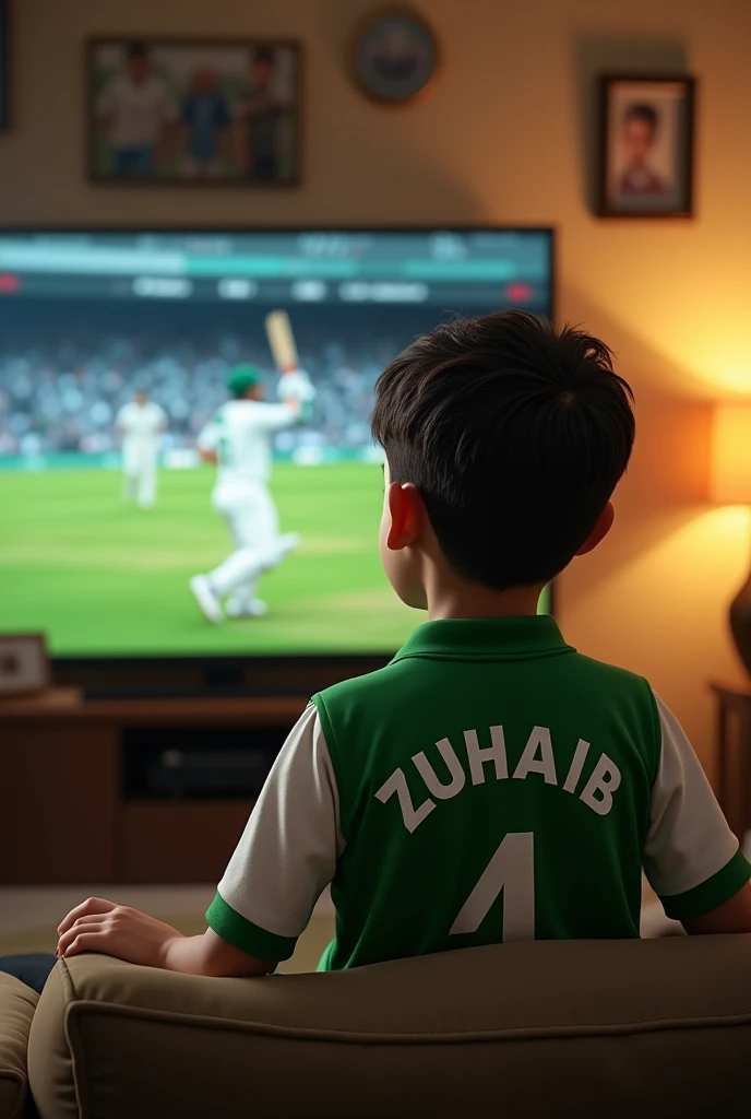 Boy watching cricket match in tv wearing Pakistani kit name behind zuhaib