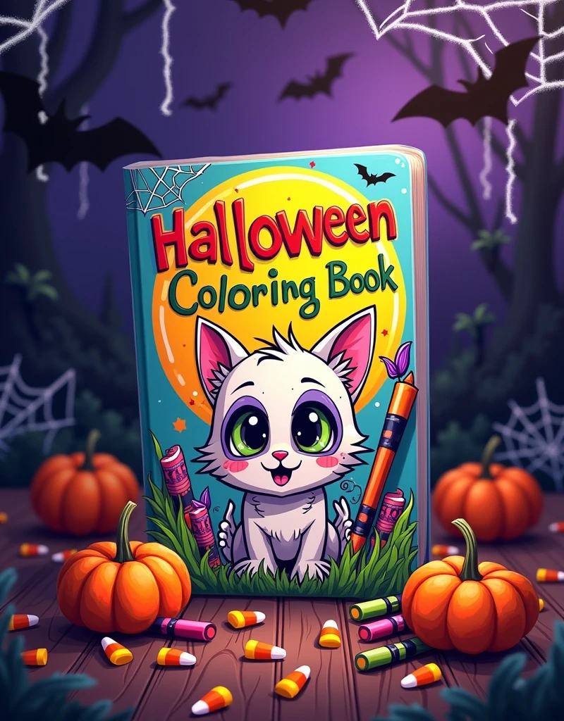 A vibrant imagen showing the square cover of the "Halloween Coloring Book: Bold and Easy" prominently in the center. Surround the book with halloween-themed items like small pumpkins, Candy corn, and colorful markers or crayons. The background should be dark and slightly Spooky, but no too scary, with subtle spiderwebs and bats in the corners to emphasize the Halloween theme. The title of the book should be clearly visible, with a few of the 40 illustrationspeeking out as a preview.