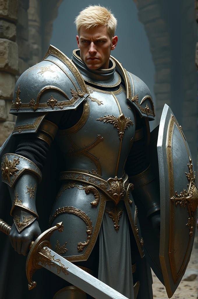 Caucasian male, short blonde hair, Silver armor with gold details, In his right hand a shield of iron and gold details, In his left hand a steel sword, fighting stance, angry facial expression, dungeon.