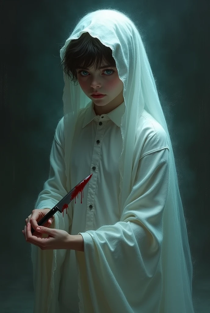 Cute handsome boy ghost with a Small knife and blood