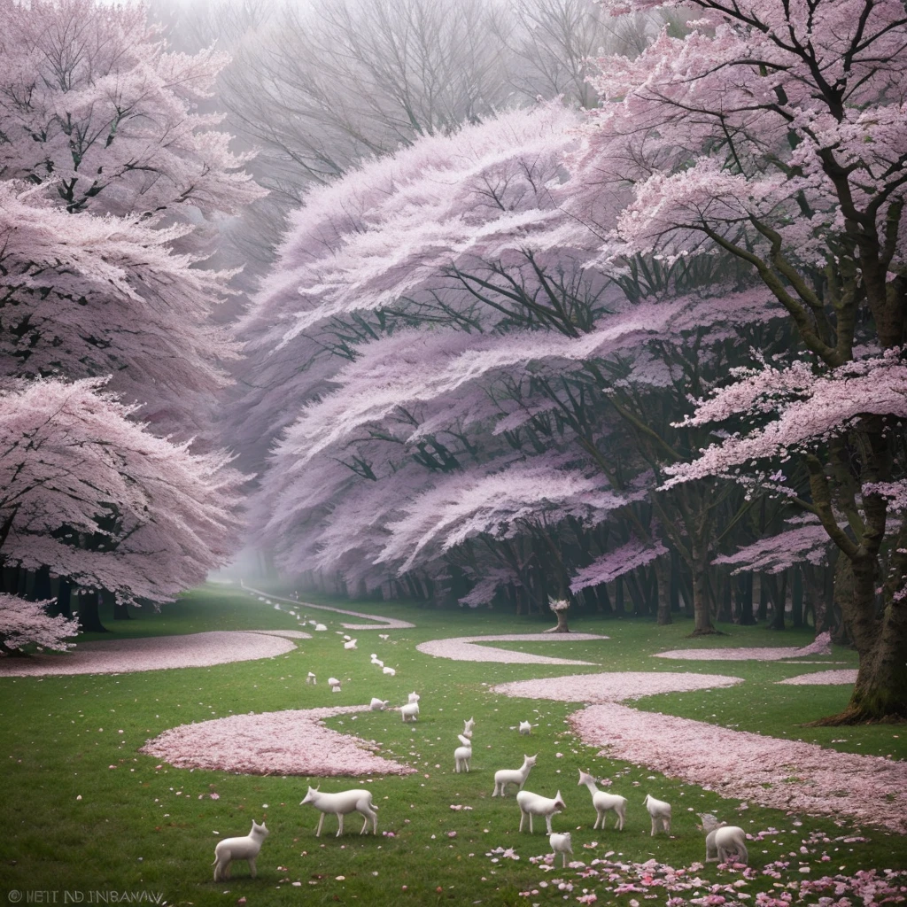 Magical forest full of cherry trees and petals on the ground, a little bit of mist and some little magical animals