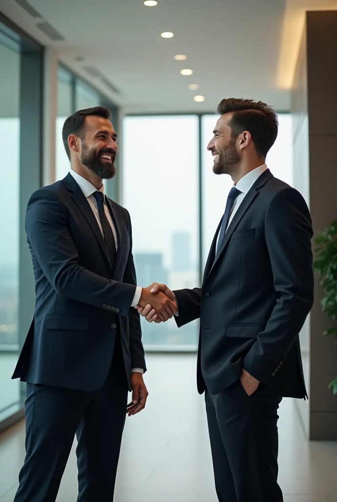 Happy customer closing a deal, smiling and shaking the salesman's hand, well dressed.