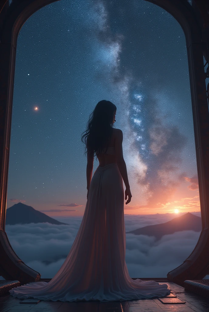 ((masterpiece, highest quality, Highest image quality, High resolution, photorealistic, Raw photo, 8K)), ((Extremely detailed CG unified 8k wallpaper)), (huge stunning goddess shot, very hot and sexy, jaw-dropping beauty, perfect proportions, beautiful body, slim body beauty:1.4), Midnight, looking up at the starry sky from the observation deck of a huge spaceship, the sky the ancient gods looked up to, the origins of mankind, seen from behind,
