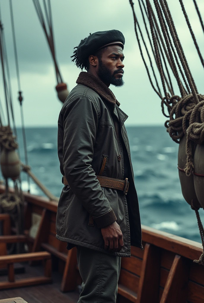 A dark-skinned sailor with an afro and a beret