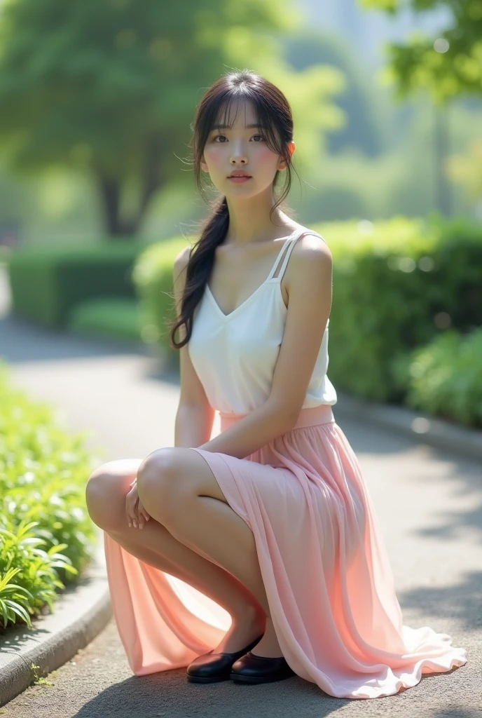 1japanese woman, white sleeveless blouse, pink A-line maxi skirt, skin color pantyhose, black flats, low ponytail, squatting, in park, BREAK, full body shot, focusing face, BREAK, best quality, ultra high res, (photorealistic:1.4), RAW photo