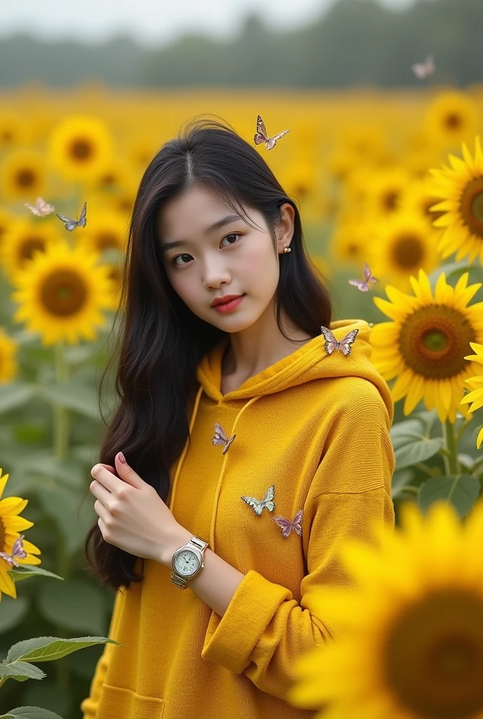 Beautiful Korean girl, smooth white skin, well-groomed face, long straight black hair, posing in the middle of a field of very fertile and beautiful sunflowers in bloom, lots of butterflies flying around, shiny gold yellow knit hoodie, decorated with butterfly motifs, cool watch , original photo