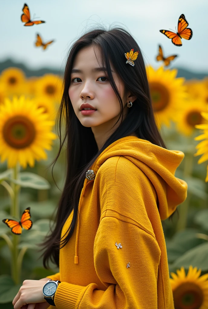 Beautiful Korean girl, smooth white skin, well-groomed face, long straight black hair, posing in the middle of a field of very fertile and beautiful sunflowers in bloom, lots of butterflies flying around, shiny gold yellow knit hoodie, decorated with butterfly motifs, cool watch , original photo