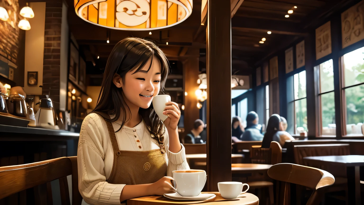 A girl in a coffee shop, Enjoy a hot cup of coffee, steam rises from it. Coffee cup is made of porcelain, Featuring intricate patterns and delicate handles. Coffee is dark roasted, Rich aroma permeates the air. Girl sitting at cozy table, Surrounded by antique furniture and warm lighting. She takes a sip of coffee, Her face showed joy and contentment. Steam swirls upward, Form fascinating patterns in the air. The atmosphere is relaxed and inviting, Soft jazz playing in the background. The coffee shop is full of energy, Barista preparing drinks,Customers chatted animatedly. The colors in the scene are warm and inviting, With a light brown aroma, tangerine, and gold. Lighting highlights details, Casts soft shadows on girl's face,Light up the coffee cup. High overall image quality, With crisp details and realistic textures.