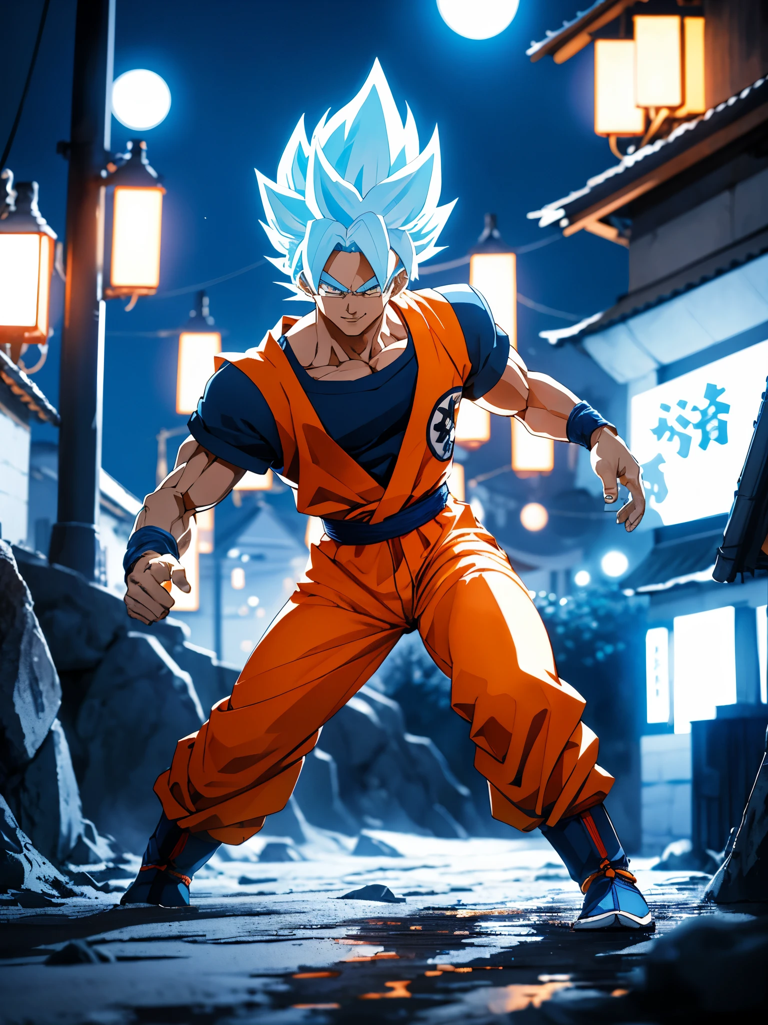 Chibi style. Goku, super saiyan, white and blue hair, shoes, professional photographer, captured in action with a professional DSLR camera. village background, nighttime atmosphere, quiet., smirk, f/1.2, 85mm, Nikon