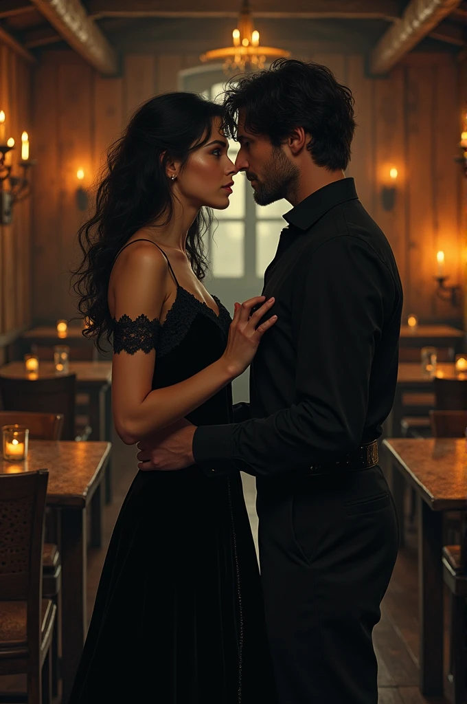 Woman in black meeting her former love in a tavern 